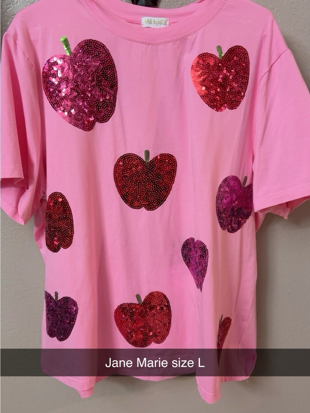 Jane Marie Pink Short Sleeve Tee with Sequin Apple Accents